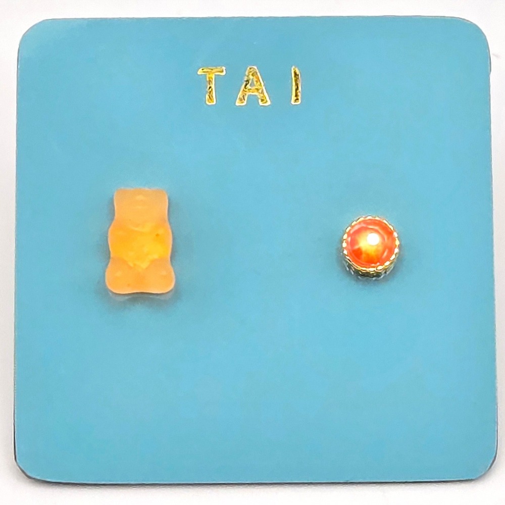 Tai Jewelry Gummy Bear Mismatched Stud Earrings Orange Crystal Gold Tone Post